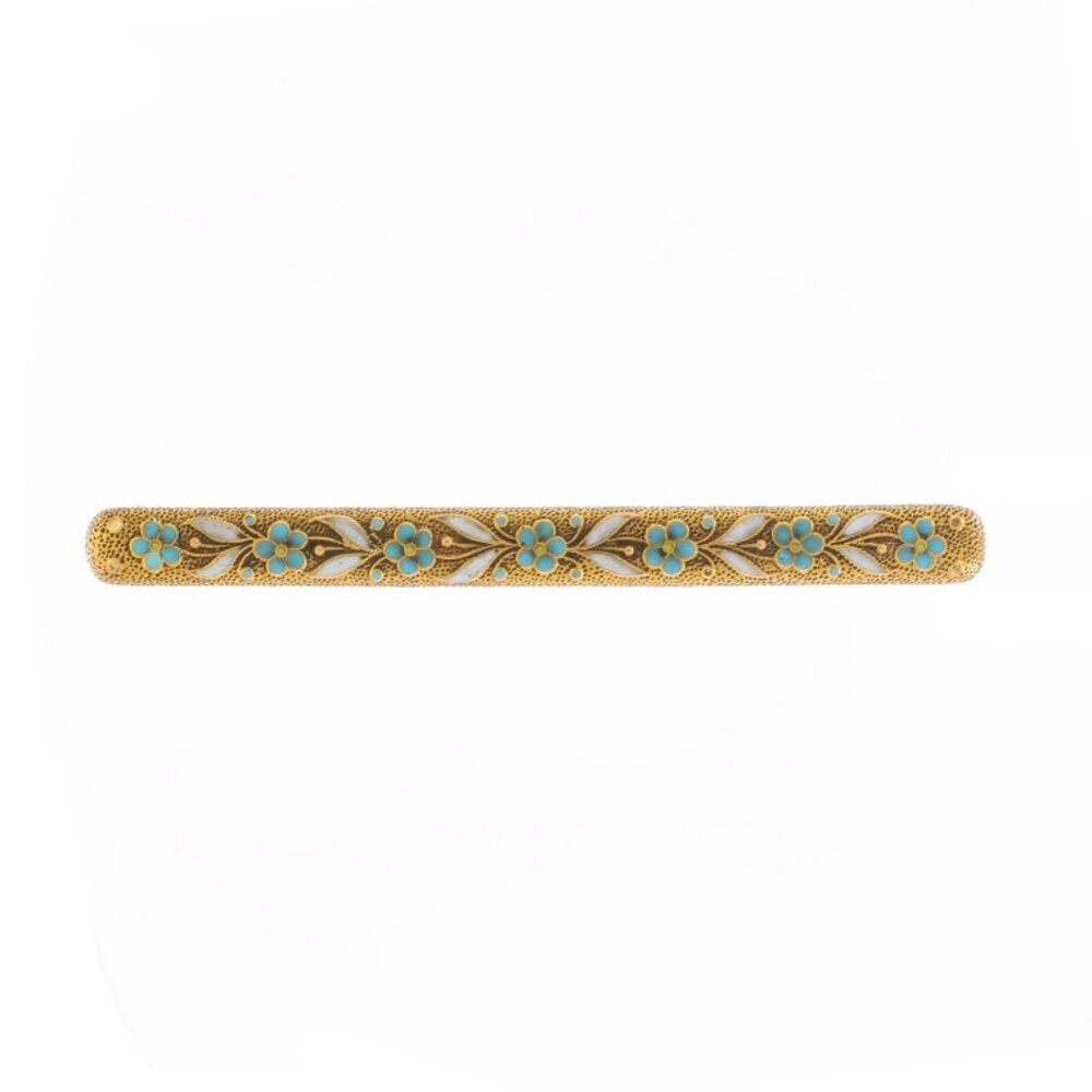 Yellow Gold Edwardian Flower Garland Bar Brooch - 14k Antique Enamel Pin - Picture 1 of 4